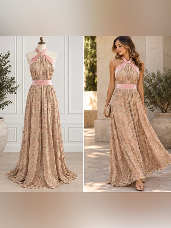 VENUS Dresses & Skirts - VENUS Pink and Gold One-Shoulder Lace Evening Gown
